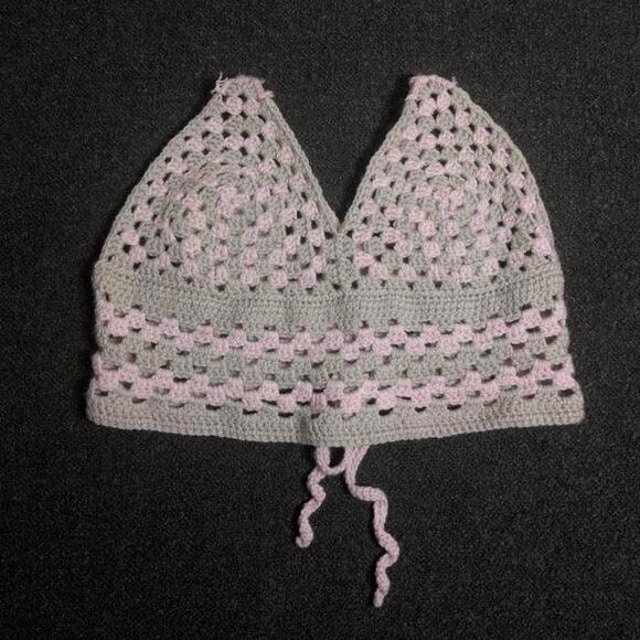 Handmade Tops - Handmade Boho Granny Square Crochet Halter Crop Top Lace Up Back